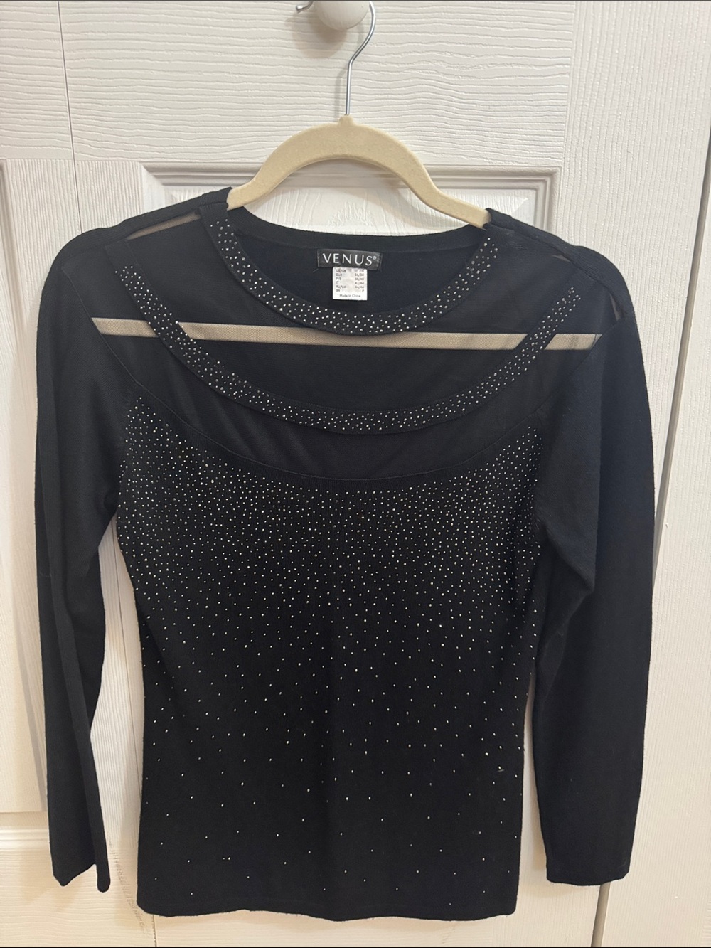 VENUS Black Long Sleeve Sheer Yoke Rhinestone Top Women Size Small